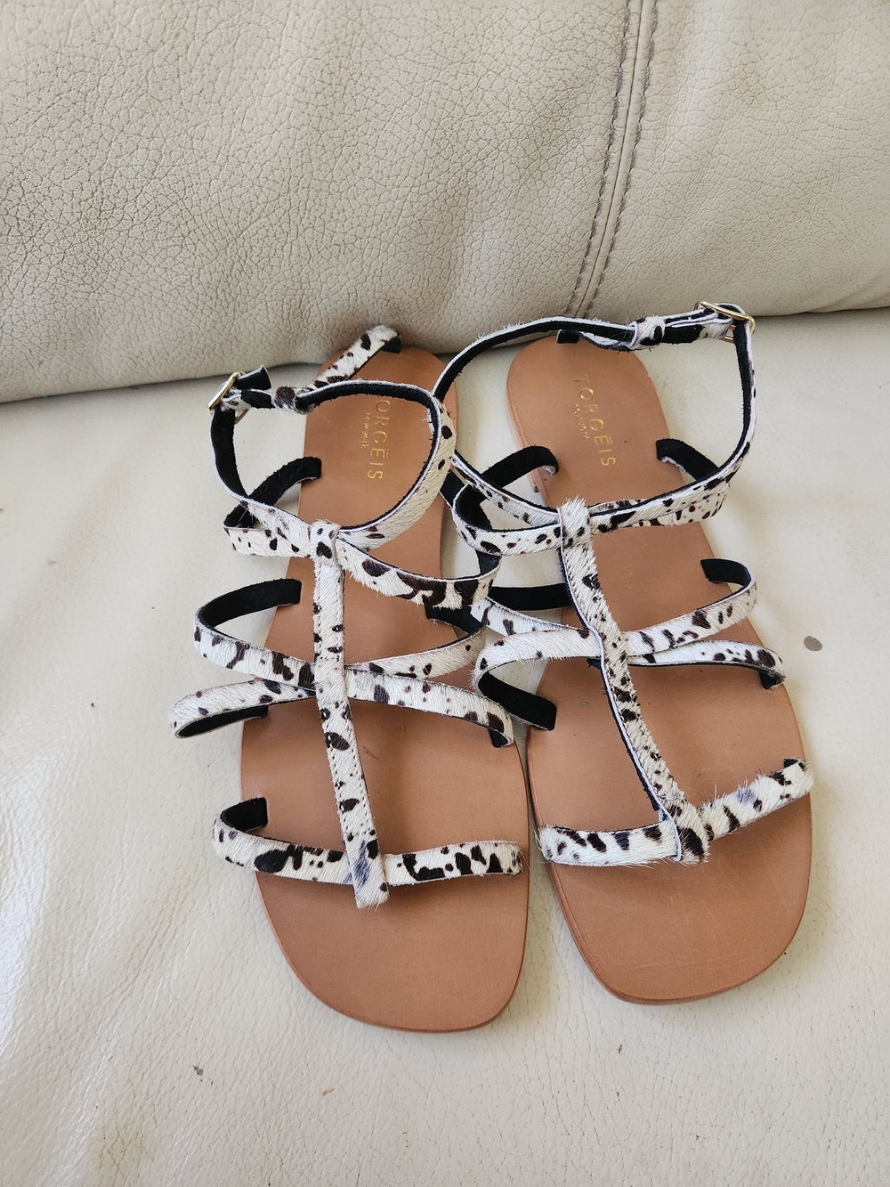 Cow Print Strappy Women's Sandals with Ankle Buckle
